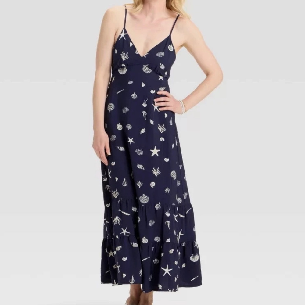 A New Day - Open Back Maxi Dress Medium Navy Blue Seashell Print Sundress - Picture 4 of 4
